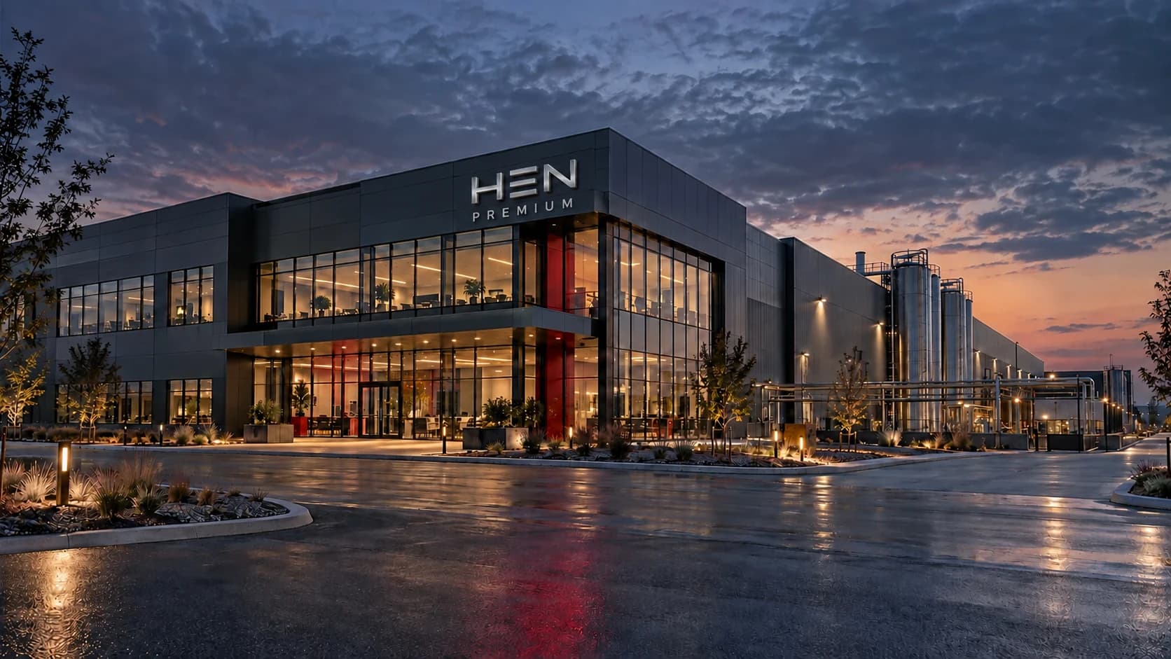 HEN Premium Zentrale und Werk bei Dämmerung